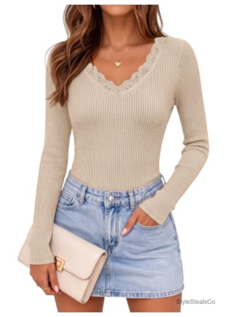 ZESICA Lace V Neck Ribbed Knit Long Sleeve Top Slim Fit Casual